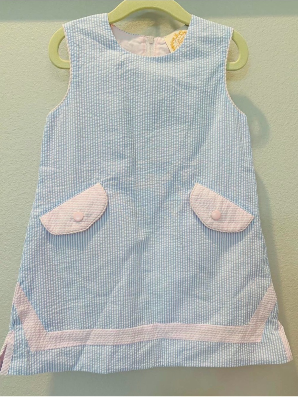 The Beaufort Bonnet Company Light Blue and Pale Pink Seersucker Shift Dress